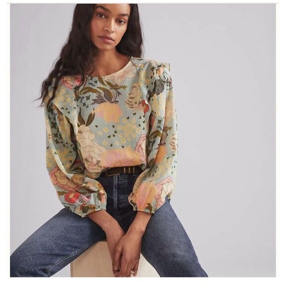 Anthropologie Carolina K Women’s Blue Large Floral Printed Pullover Blouse - Picture 14 of 14
